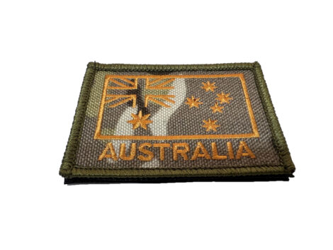 Australia Flag Patch Outline on Multicam Background with Hook & Loop backing