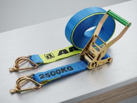 Ancra 50mm x 9m heavy duty ratchet tie down strap with hook and keeper fittings and wear sleeves